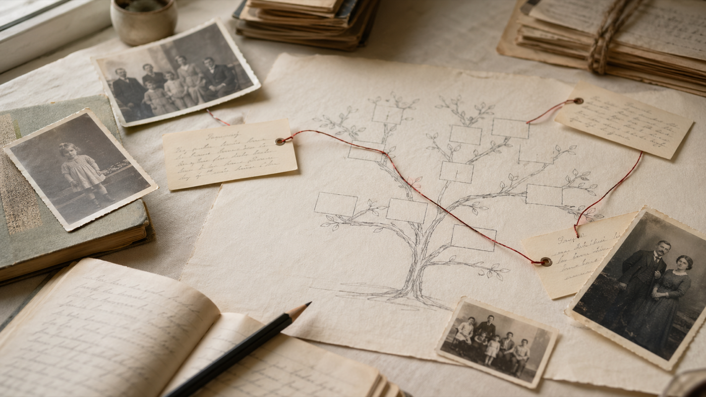 Foto antiche, appunti e un disegno di albero genealogico su carta
