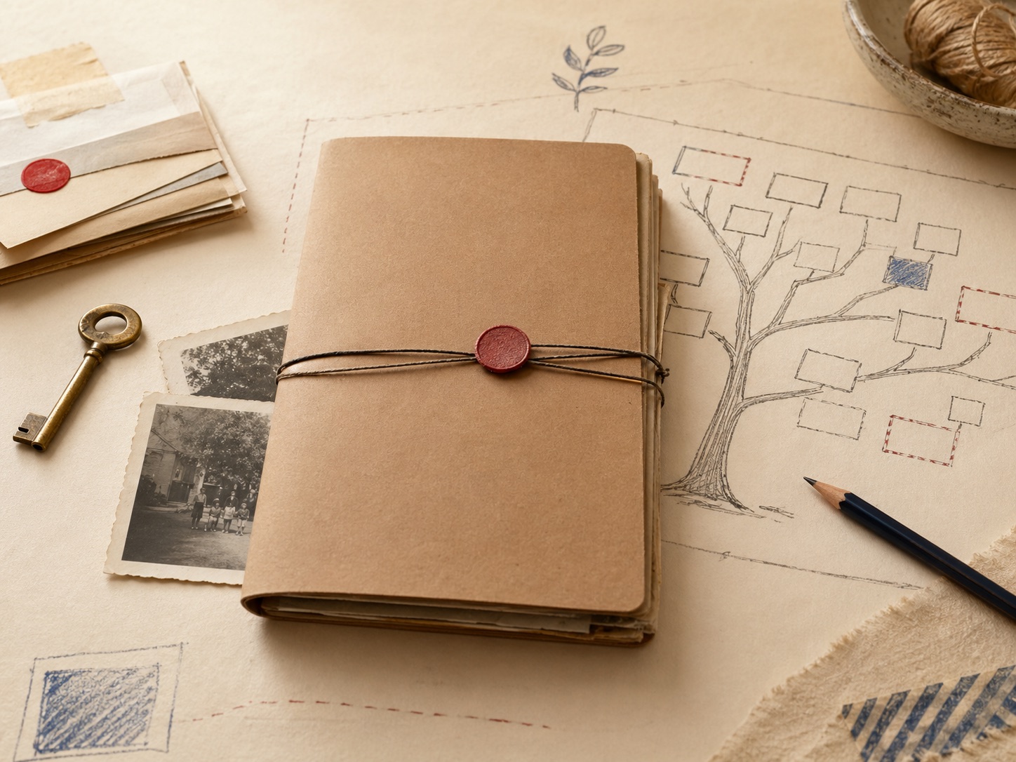 Archivio familiare chiuso con una chiave, foto antiche e un albero genealogico disegnato su carta